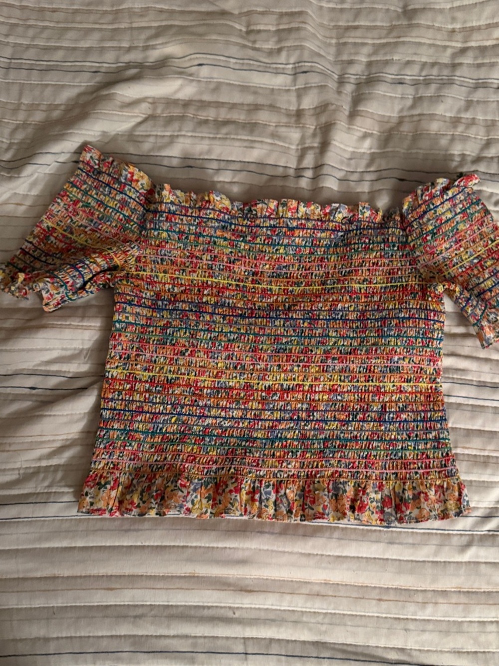 Smocked Off-Shoulder Floral Crop Top in Multicolor